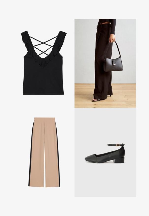 Zwart tanktop met een V-halsontwerp, ruche banden en een kruisrug. Gemaakt van een zachte, rekbare stof.; Beige wijde broek met een soepele textuur, voorzien van zwarte zijkanten. De tailleband is elastisch voor comfort en gemakkelijke draagbaarheid.; Zwarte leren pump met een spitse neus en een lage blokhak. Beschikt over een enkelband met een goudkleurige gespsluiting. Gladde textuur.; Zwarte handtas met gestructureerde vorm, gladde textuur en een metalen sluiting. Gecombineerd met brede zwarte broeken en sandalen met open teen op een houten vloer.