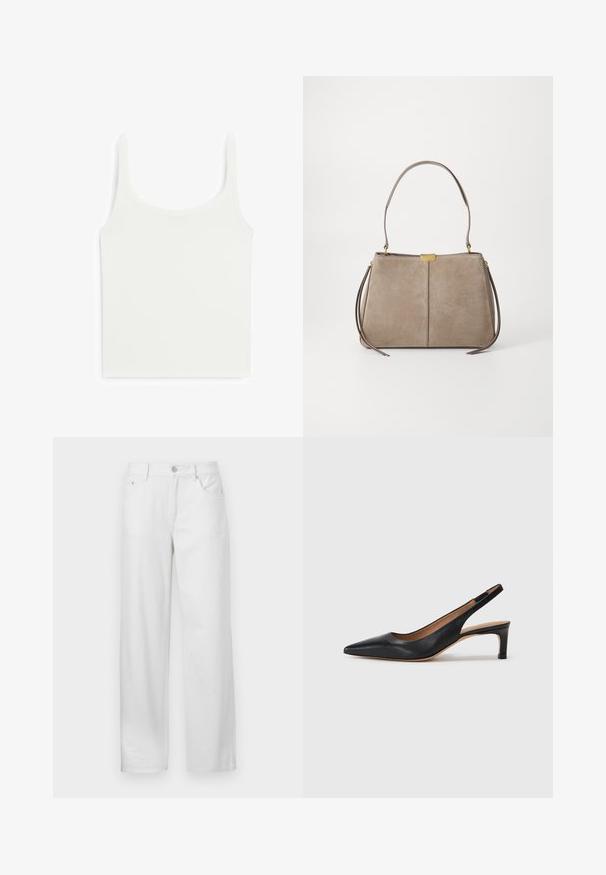 Débardeur blanc ajusté avec des bretelles épaisses, fabriqué en tissu lisse et extensible. Présente un col arrondi et un design simple et épuré.; Pantalons en denim blanc à coupe ample, avec une fermeture à bouton et zip, des passants de ceinture et un design traditionnel à cinq poches.; Escarpin slingback en cuir noir avec un bout pointu, un petit talon et une texture lisse. Doté d'une fine sangle réglable pour un ajustement sécurisé.; Tommy Hilfiger CASUAL SHOULDER BAG - Sac à main - coastal taupe