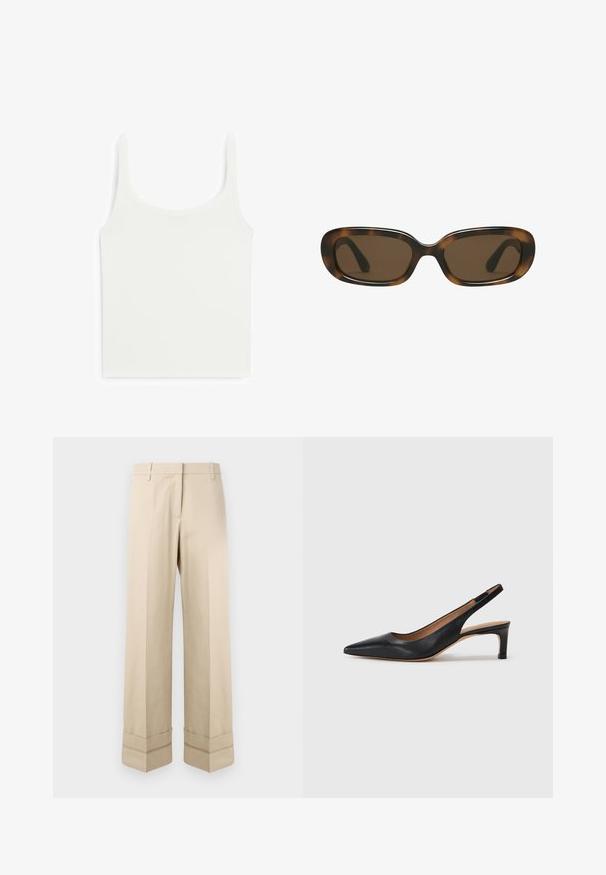 Biała dopasowana koszulka na ramiączkach o grubych ramiączkach, wykonana z gładkiego, elastycznego materiału. Posiada okrągły dekolt i prosty, schludny design.; Beżowe spodnie o prostym kroju, z podwójnym mankietem na dole i płaskim przodem. Wykonane z gładkiego, trwałego materiału.; Czarne skórzane czółenka na potylicy z wydłużonym noskiem, niskim obcasem i gładką fakturą. Posiadają cienki, regulowany pasek zapewniający pewne dopasowanie.; Okulary przeciwsłoneczne w melanżowym kolorze z gładką, zaokrągloną prostokątną oprawką i brązowymi soczewkami. Posiadają cienkie, zakrzywione zauszniki o błyszczące wykończeniu.; Tommy Hilfiger - Torebka