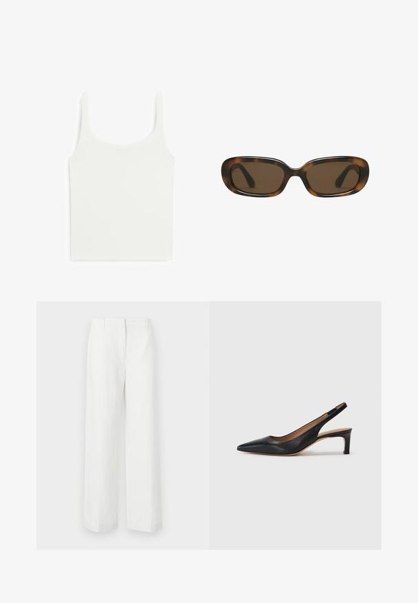 Bílý upnutý tílko s širokými ramínky, vyrobené z hladké, elastické látky. Má zakulacený výstřih a jednoduchý, čistý design.; Bílé kalhoty s širokými nohavicemi a hladkým povrchem, s plochým předním dílem a nažehlenými skladmi. Vyrobené z lehkého materiálu, bez viditelných vzorů.; Černé kožené slingback lodičky s špičatou špičkou, nízkým podpatkem a hladkým povrchem. Disponují tenkým nastavitelným páskem pro bezpečné uchycení.; Skořicové sluneční brýle s hladkým, zaobleným obdélníkovým rámem a hnědými skly. Mají tenké, zakřivené ramena s lesklým povrchem.