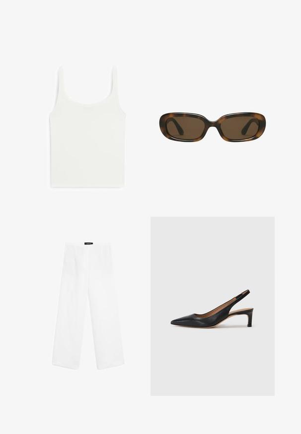White fitted tank top with thick straps, made of smooth, stretchy fabric. Features a rounded neckline and a simple, clean design.; White linen wide-leg pants with a smooth texture, featuring a mid-rise waist, two front pockets, and a simple design.; Black leather slingback pump with a pointed toe, low heel, and a smooth texture. Features a thin adjustable strap for a secure fit.; Tortoiseshell sunglasses with a smooth, rounded rectangular frame and brown lenses. Features thin, curved arms with a glossy finish.; Tommy Hilfiger CASUAL SHOULDER BAG - Handbag - coastal taupe
