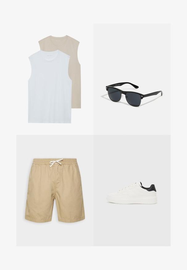 Deux chemises sans manches : l'une blanche, l'autre beige clair. Les deux ont un encolure ras du cou et sont fabriquées dans un tissu doux et lisse avec une coupe décontractée.; Shorts en coton beige avec une taille élastique, cordon de serrage et deux poches latérales. Texture lisse, design à mi-mollet.; Sneakers en cuir blanc avec motif embossé, semelle intermédiaire texturée blanche et accent noir au talon. Présentent une pointe arrondie et des lacets plats.; Lunettes de soleil noires de forme rectangulaire, verres foncés, accents argentés aux tempes et finition mate sur la monture.