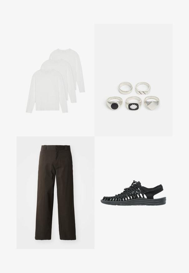 Set de trei tricouri cu mânecă lungă, de culoare albă solidă. Fabricate dintr-un material moale și ușor, cu guler rotund și un design simplu, neîmpodobit.; Pantaloni din bumbac negri cu un design drept, având un închizător cu nasture și o talie clasică. Textură netedă, fără modele sau accente.; Sandale neagră cu partea superioară din țesătură împletită, închidere reglabilă cu șiret, talpă căptușită și branț conturat pentru confort.; Cinco inele argintii: unul cu un detaliu circular negru, unul cu un model geometric alb și negru, iar celelalte cu forme și finisaje diverse.