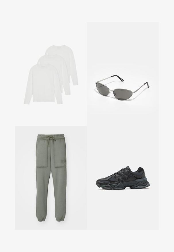 Trijų ilgomis rankovėmis marškinėlių rinkinys, pagamintas iš vienspalvės baltos medžiagos. Pagaminti iš minkštos, lengvos medžiagos, su apvalia iškirpte ir paprastu, nepuoštu dizainu.; Alpha Industries OPEN EDGE JOGGER - Treningo apatinė dalis - dark olive; Juodas bėgimo batelis, pagamintas iš tinklinės ir sintetinės medžiagos, turintis stambų pado dizainą, kreivą formą ir ryškią prekės ženklą šone.; Akiniai nuo saulės su elegantišku sidabro metaliniu rėmu, pilkai tonuotais objektyvais ir aerodinaminiu dizainu, turinčiu smailius kampus ir plonus šonus.; Juodas raištelių maišas, pagamintas iš patvarios medžiagos, su logotipo pavidalu, nešiojamas kaip kryžminė rankinė, derinamas su šviesiai žaliai džemperiu.