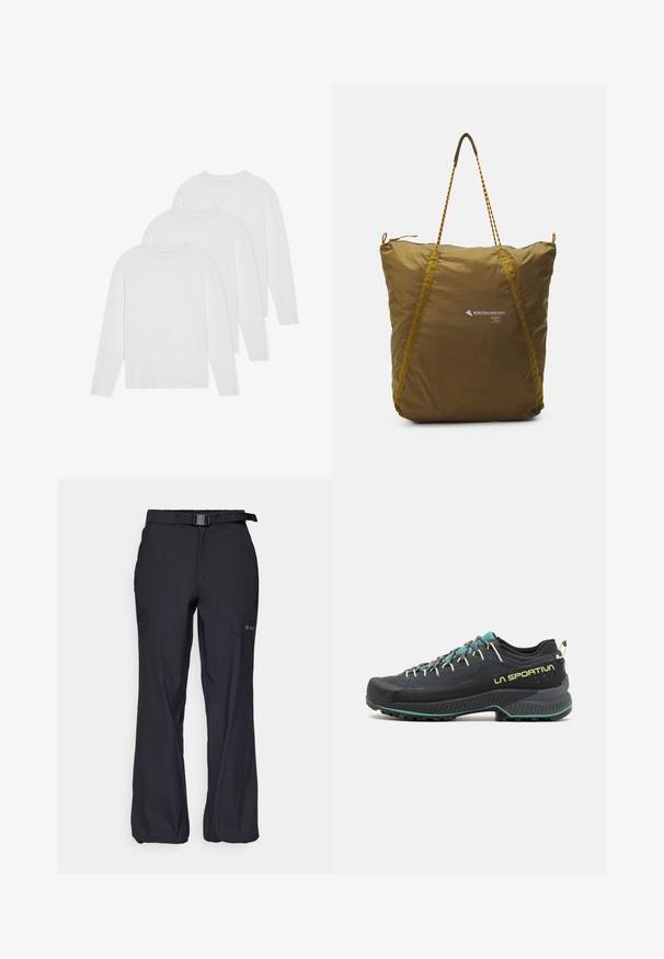 Trijų ilgomis rankovėmis marškinėlių rinkinys, pagamintas iš vienspalvės baltos medžiagos. Pagaminti iš minkštos, lengvos medžiagos, su apvalia iškirpte ir paprastu, nepuoštu dizainu.; Juodi lauko kelnės, pagamintos iš lengvos medžiagos, su reguliuojamu juosmeniu ir diržu, bei dviem priekinėmis kišenėmis. Sukurtos komfortui ir praktiškumui.; Juodos žygio bateliai su melsvais ir geltonais akcentais. Juose yra tekstūruotas viršus, paminkštintas padas ir patvarus kaučiuko padas geresnei sukibimui.; Alyvuogių žalumos, patvarus nailono maišas su tekstūruotu paviršiumi, su užtrauktuku viršuje, kontrastingais geltonais akcentais ir pintomis rankenomis.