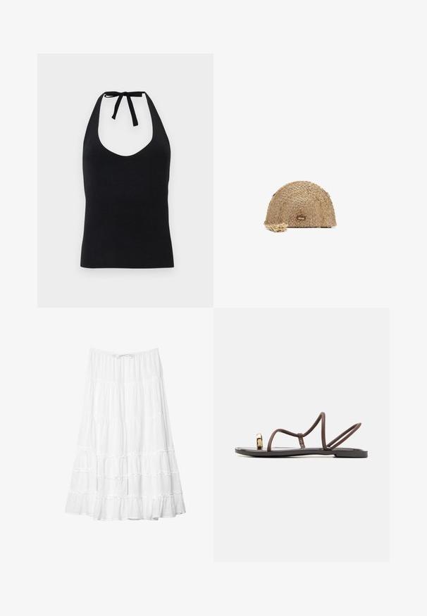 Černý halter top vyrobený z hladké tkaniny, s hlubokým výstřihem do V a zavazováním na krku, s přiléhavým střihem.; Bílá sukni v několika vrstvách s volánkovými detaily, elastickým pasem, délka po kotníky, vyrobena z lehkého materiálu, hladká textura, bez viditelných vzorů.; Hnědé ploché sandály s několika štíhlými popruhy, smyčkou na prsty a zlatým akcentem. Podešev je plochá a má hladký povrch.; Tkaná slaměná kabelka ve tvaru půlměsíce, s texturovaným povrchem, béžové barvy a dekorativním třásním. Zlatý kovový detail loga.