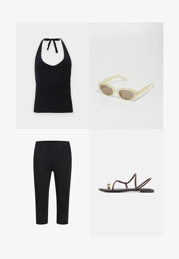 Black halter top made of smooth fabric, featuring a deep V-neck and a tie closure at the neck, with a fitted silhouette.; Black cropped slim-fit pants with front button, zipper closure, and front and back pockets, displayed on white background.; Brown flat sandals with multiple slender straps, a toe loop, and a gold-tone accent. The sole is flat and has a smooth finish.; Oval sunglasses with a translucent pale yellow frame and brown lenses. Features smooth texture and subtle hardware accents on the sides.; Woven straw handbag in a half-moon shape, featuring a textured surface, beige color, and a decorative tassel accent. Gold hardware logo detail.; Five bracelets: a dark wood bangle, two gold-tone metal chains, and two amber-colored resin rings with gold accents and smooth textures.