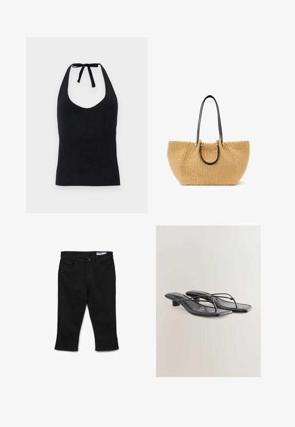 Melnā halter top forma, izgatavota no gludas auduma, ar dziļu V veida kakla izgriezumu un sasienamu aizdari ap kaklu, ar pieguļošu siluetu.; Melnas džinsu capri bikses ar taisnu griezumu, piecu kabatu dizainu un priekšējo pogu aizdari. Iespējams, ir izšūts apmale un gluda tekstūra.; Melnas mākslīgās ādas sandalītes ar krokodila tekstūru, kvadrātveida purngaliem un zemu papēdi. Ar plānām siksniņām, kas savieno zoli.; Austa auduma soma, izgatavota no pelēka salmiem, ar melniem ādas rokturiem un sudraba detaļām. Plaša, izliekta forma ar teksturētu virsmu.