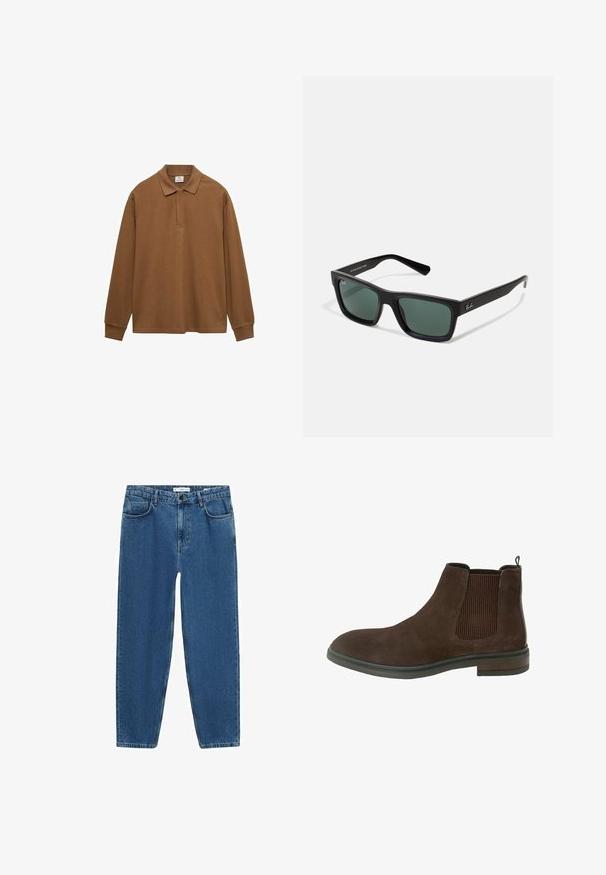 Tummanruskea pitkähihaisen polo-paita, joka on valmistettu puuvillasta. Siinä on kaulus, nappilista ja ribbaus hihoissa; sileä pinta ja rento istuvuus.; Vaaleansiniset farkut suoran lahkeen muotoilulla, joissa on klassinen viiden taskun tyyli ja nappikiinnitys vyötäröllä.; Marron mokasyn z cholewką za kostkę z elastycznymi panelami bocznymi, okrągłym noskiem i niskim, warstwowym obcasem. Charakteryzuje się detalami w postaci przeszyć wzdłuż podeszwy.; Musta suorakulmaiset aurinkolasit vihreillä linsseillä, matta pinta, suorat templet ja Ray-Ban-logo sivussa.