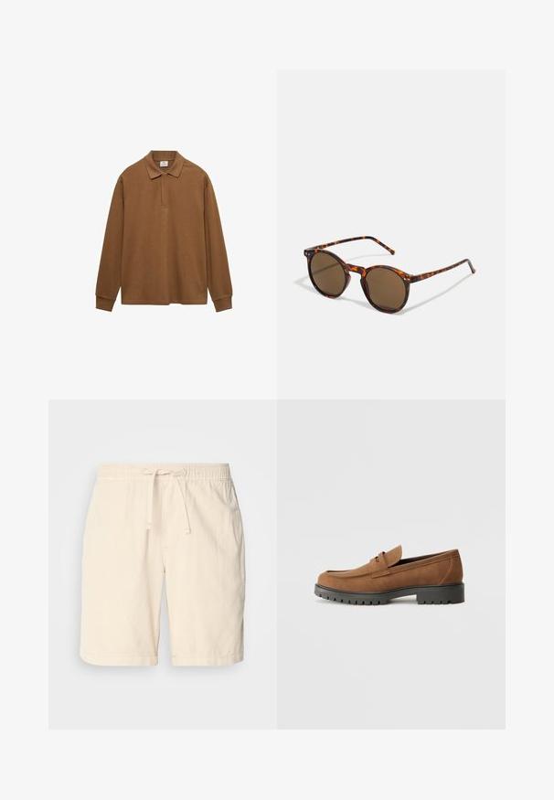 Polo shirt marrone a maniche lunghe realizzato in cotone, con colletto, pattina con bottoni e polsini a costine; texture liscia e vestibilità rilassata.; Pantaloni corti beige in cotone con vita elasticizzata e cordoncino regolabile, dotati di tasche laterali e vestibilità comoda.; Mocassini in suede marrone con punta arrotondata e una bassa suola in gomma nera, caratterizzati da una fascia decorativa e dettagli di cucitura sulla tomaia.; Occhiali da sole rotondi con montatura tartarugata e lenti marroni. Presentano aste sottili con una leggera texture e inserti in metallo vicino alle lenti.