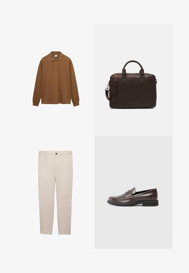 Polo shirt marrone a maniche lunghe realizzato in cotone, con colletto, pattina con bottoni e polsini a costine; texture liscia e vestibilità rilassata.; Mango Chino - off-white; Mocassini in pelle marrone con una finitura liscia, caratterizzati da un sottile dettaglio cucito sulla tomaia e una suola in gomma nera.; Borsa per laptop in pelle marrone con superficie texturizzata, doppi manici superiori, cinturino regolabile e due fibbie frontali per un tocco di originalità.