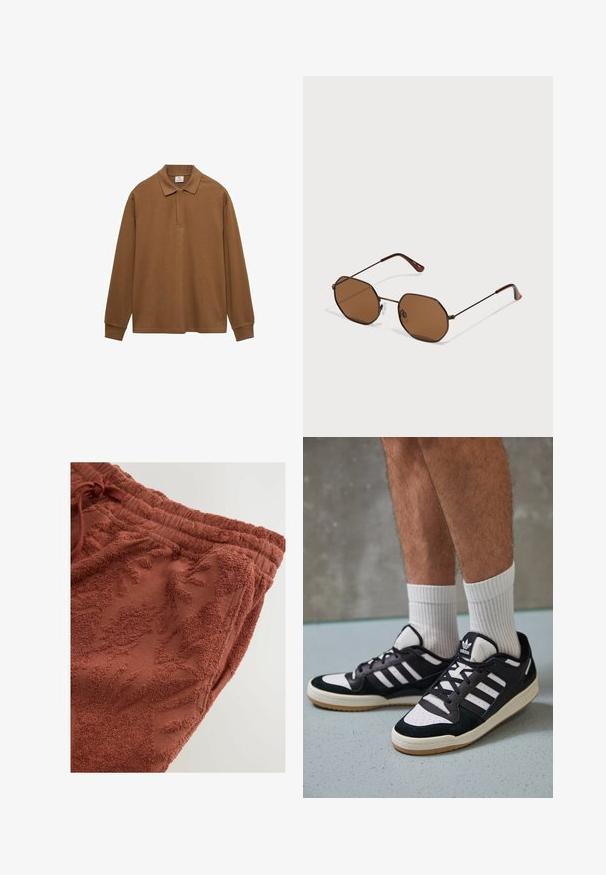 Hnědá polo košile s dlouhým rukávem vyrobená z bavlny, s límečkem, knoflíkovou légou a pružnými manžetami; hladká textura a volný střih.; Terrakotové tepláky s texturovaným květinovým designem, elastickým pasem s šňůrkou a měkkou, hebkou tkaninou pro pohodlí.; Černobílé tenisky s vrchní částí z semišové a kožené kůže, včetně tří bílých pruhů, perforovaného špičky a podrážky z gumy.; Hnědé osméhranné sluneční brýle s tenkými temnými kovovými rámy, nastavitelnými nosními podložkami a hnědými tónovanými skly; sp temples mají oranžový akcent.