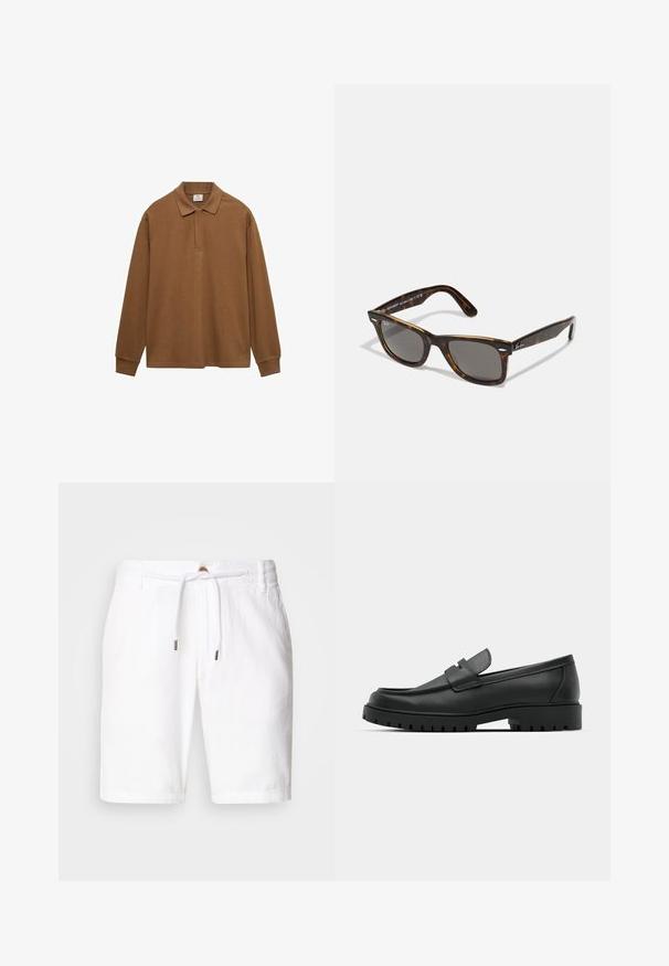 Bruine longsleeve polo shirt gemaakt van katoen, met een kraag, knoopsluiting en geribbelde manchetten; gladde textuur en relaxte pasvorm.; Witte linnen shorts met een elastische tailleband met een trekkoordsluiting en een relaxte pasvorm. Soepele textuur, geen zichtbare patronen.; Zwarte leren instappers met een ronde neus, voorzien van een gestikt ontwerp, een lage platformzool en een gestructureerde, grof rubberen buitenzool.; schildpad zonnebril met grijze glazen en een vierkant montuur, met metalen accenten op de tempels en het logo in het ontwerp.