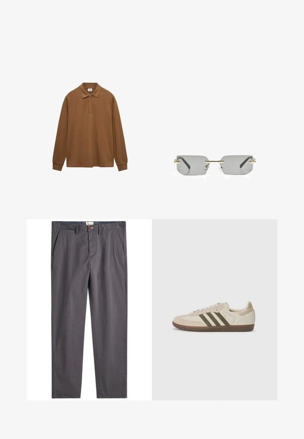 Hnedá polokošeľa s dlhým rukávom vyrobená z bavlny, s golierom, zapínaním na gombíky a rebrovanými manžetami; hladká textúra a voľný strih.; Šedé bavlnené nohavice s rovnými nohavicami, s gombíkovým zapínaním a bočnými vreckami. Hladká textúra s jemnými detailmi šitia.; adidas Originals SAMBA OG UNISEX - Tenisky - alumina/medium dark khaki/gum; Bershka RECTANGULAR - Slnečné okuliare - black