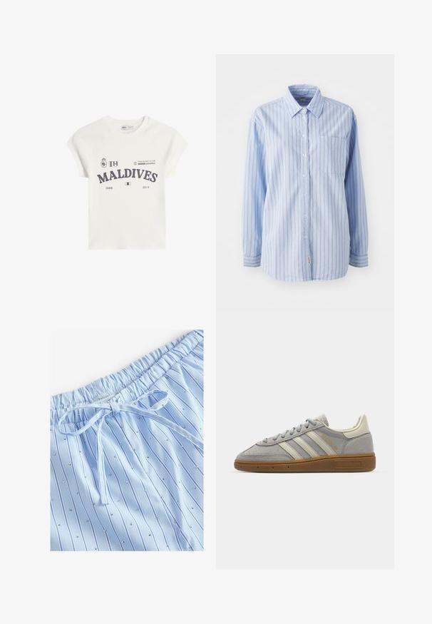 Weißes Baumwoll-T-Shirt mit kurzen Raglanärmeln. Mit einem grafischen Druck "MALDIVES" in Dunkelgrau sowie Logos und den Jahreszahlen 2008 und 2014.; Himmelblaues Hemd mit Knöpfen, vertikalen Streifen, langen Ärmeln, einer Brusttasche und einem Logofähnchen am Saum. Weicher Stoff mit glatter Textur.; Helle blaue Schlafshorts mit vertikalen Streifen und kleinen reflektierenden Nieten. Elastischer Bund mit einer Kordel zur Anpassung.; Graue Wildledersneaker mit hellgrauen Lederstreifen und einer Sohle aus Gummi. Zu den Merkmalen gehören eine Schnürung und dezente Markenkennzeichnung auf der Zunge.