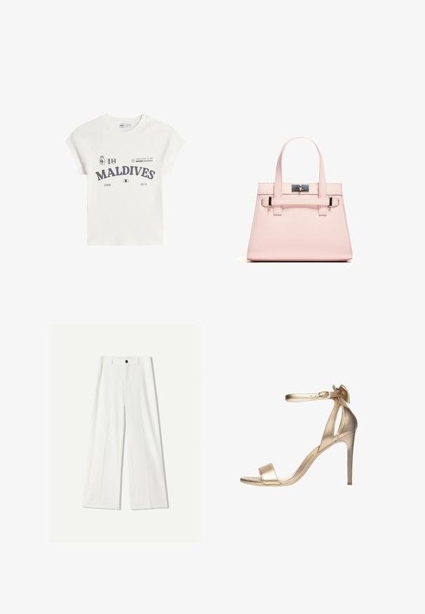 Biała bawełniana koszulka z krótkimi rękawami raglanowymi. Posiada grafikę "MALDIVE" w ciemnoszarym kolorze, a także logotypy i daty 2008 oraz 2014.; Białe szerokie spodnie wykonane z gładkiego materiału, z zapięciem na guzik z przodu i plisowanymi detalami. Gładki przód, bez widocznych kieszeni.; Złote metaliczne sandały na wysokim obcasie z cienkim paskiem w kostkę, otwartym noskiem i gładką fakturą. Posiadają delikatny akcent w postaci kokardy na obcasie.; Różowa torebka o strukturalnym kształcie, wykonana z teksturowanej skóry, z dwoma uchwytami u góry, zapięciem na zatrzask oraz kontrastującymi metalowymi akcentami.