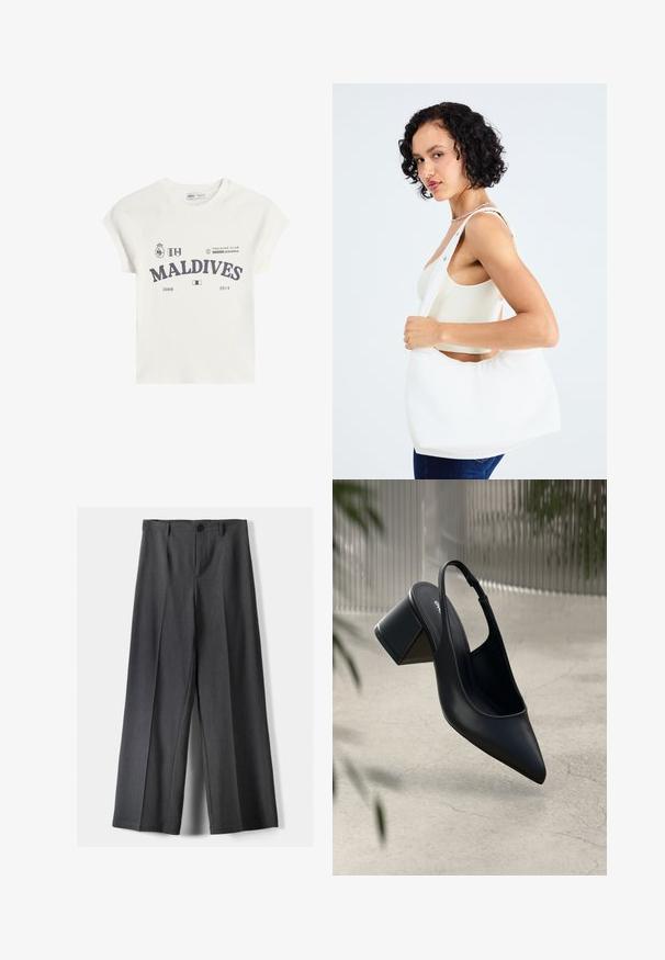 Fehér pamut póló rövid raglán ujjakkal. Tartalmazza a "MALDIVES" grafikus mintát sötétszürke színben, valamint logókat és a 2008-as és 2014-es éveket.; Széles szárú nadrág sötétszürke anyagból, gombos záródással, elülső redőkkel és övhurkokkal. Simára kialakított textura, igényes szabással.; Fekete bőr slingback magassarkú, hegyes orral és tömbsarokkal. Simító textúra, minimális dizájn, és állítható bokapánt.; Fehér válltáska sima anyagból, ovális kivágással és széles pánttal. Egyszerű és modern, látható hardver nélkül.
