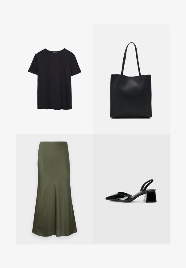 Jednoduché čierne bavlnené tričko s krátkym rukávom a okrúhlym výstrihom, umiestnené na bielom pozadí.; Zeleno-olivová midi sukňa so priliehavým strihom vyrobená z saténového materiálu, rozširujúca sa na spodku, vystavená na bielom pozadí.; Čierne lakované kožené sandálové podpätky s špicatou špičkou a geometrickým blokovým podpätkom. Disponujú elegantným, minimalistickým dizajnom a hladkým povrchom.; Čierna kožená taška na rameno s hladkým povrchom, obdĺžnikovým tvarom a dvoma dlhými uchami. Bez viditeľného kovania alebo ozdôb.