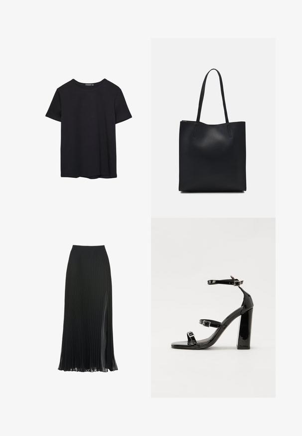 Jednoduché čierne bavlnené tričko s krátkym rukávom a okrúhlym výstrihom, umiestnené na bielom pozadí.; Čierna plisovaná maxi sukňa s prispôsobeným pásom, priesvitnou textúrou a bočným rozparkom pre zvýšenú pohyblivosť a plynulosť.; Čierne lakované sandále na vysokom opätku s dvoma prackami, štvorcovou špičkou a hrubým blokovým opätkom, s hladkou, lesklou textúrou.; Čierna kožená taška na rameno s hladkým povrchom, obdĺžnikovým tvarom a dvoma dlhými uchami. Bez viditeľného kovania alebo ozdôb.