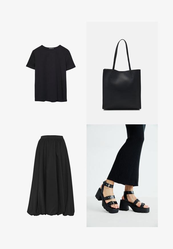 Pura crna pamučna majica kratkih rukava s okruglim izrezom, prikazana na bijeloj pozadini.; Crna suknja do koljena s nabranoj tkaninom. Elastična potkošulja, glatka tekstura i lepršavi siluet bez vidljivih uzoraka ili akcenta.; Crne platforme sandale s debelim, nazubljenim potplatima i višestrukim trakama, s metalnim kopčama i glatkom teksturom koja podsjeća na kožu.; Crna kožna torba za nošenje s glatkom teksturom, pravokutnim oblikom i dvije duge ručke. Nema vidljivih metalnih dijelova ili ukrasa.