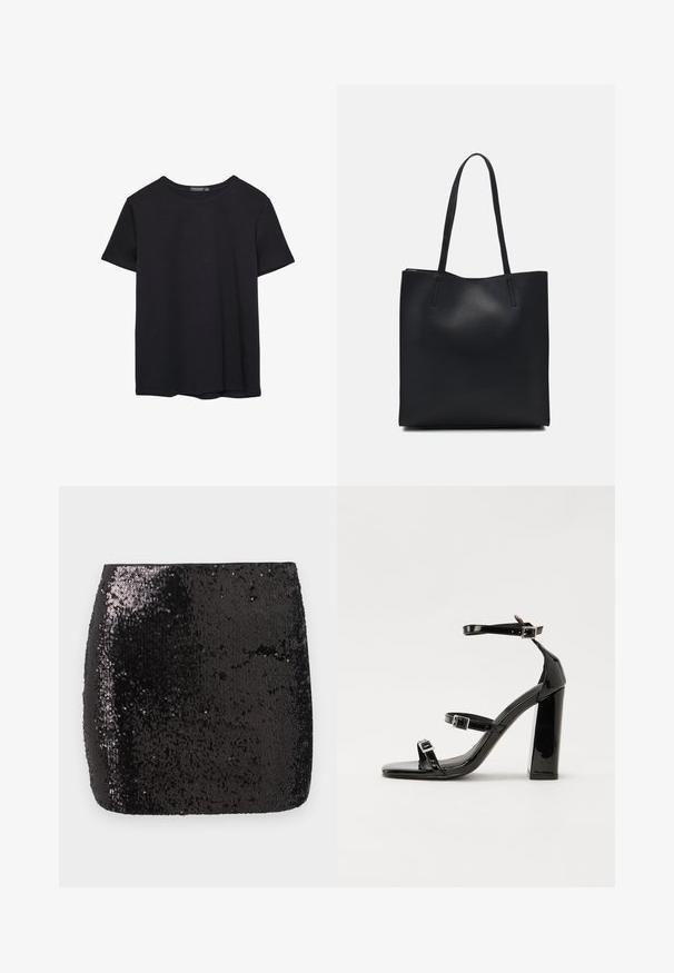 Simpel sort kortærmet bomulds T-shirt med rund hals, præsenteret på en hvid baggrund.; Sort palietteret mini nederdel med en tætsiddende form, glat tekstur og skinnende overflade, der reflekterer lys og skaber visuel interesse.; Sorte patenterede hælsandaler med firkantet tå, ankelremme og sølvspænder. Har en chunky blokHæl for stabilitet.; Sort læder tote taske med glat tekstur, rektangulær form og to lange hanke. Ingen synlig hardware eller udsmykninger.