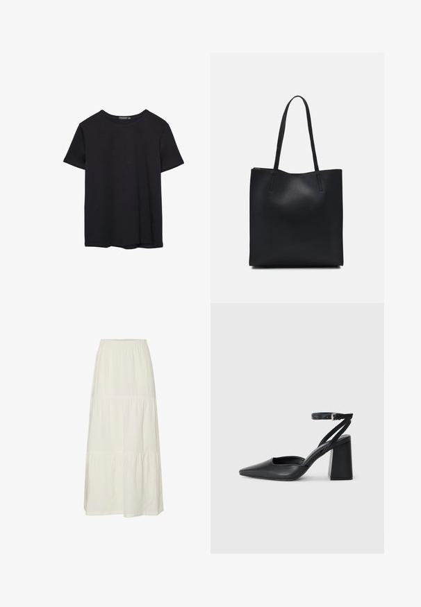 Einfaches schwarzes T-Shirt aus Baumwolle mit kurzen Ärmeln und Rundhalsausschnitt, auf einem weißen Hintergrund dargestellt.; Weiße, gestufte Maxiröhre aus leichtem, strukturiertem Stoff mit einem elastischen Bund. Sie verfügt über drei verschiedene Stoffabschnitte.; Schwarze Leder-Pumps mit spitzer Zehe, einem Knöchelriemen und einem blockigen Absatz. Flache Textur, elegantes Design und minimalistische Ästhetik.; Schwarze Laptoptasche aus Leder mit glatter Textur, rechteckiger Form und zwei langen Griffen. Keine sichtbaren Beschläge oder Verzierungen.