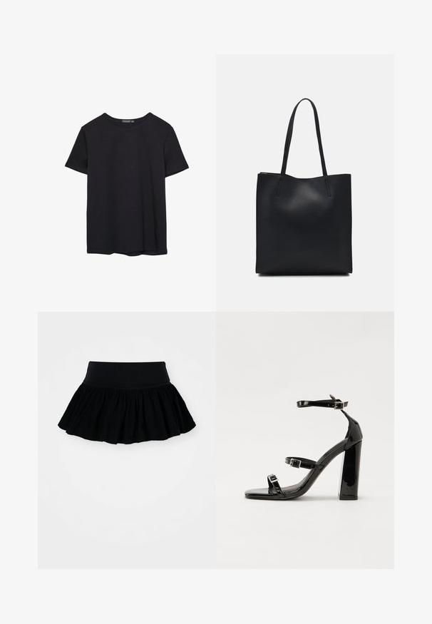 Jednoduché čierne bavlnené tričko s krátkym rukávom a okrúhlym výstrihom, umiestnené na bielom pozadí.; Čierna rozšírená sukňa s nahrnutou, textúrovanou tkaninou a širokým pásom. Jednoduchý dizajn, bez vzorov alebo kovania.; Čierne lakované sandále na podpätku so štvorcovou špičkou, navlečenými remienkami okolo členku a striebornými prackami. Disponujú masívnym blokovým podpätkom pre stabilitu.; Čierna kožená taška na rameno s hladkým povrchom, obdĺžnikovým tvarom a dvoma dlhými uchami. Bez viditeľného kovania alebo ozdôb.