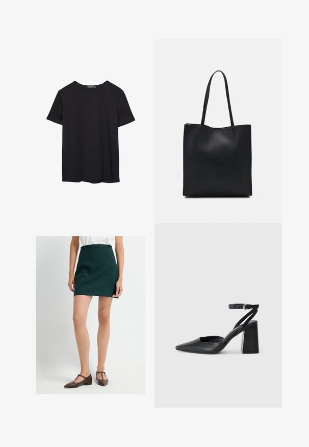 Yksinkertainen lyhythihainen musta puuvillapaidan t-paita, jossa on pyöreä kaula-aukko, esitetty valkoisella taustalla.; Vihreä istuva mini-hame, jossa on sileä pinta ja jämäkkä vyötärönauha, yhdistettynä ruskeisiin T-nauhashoisiin, joissa on käärmeennahka-pattern.; Mustat nahkakengät, joissa on kapea kärki, nilkkaremmi ja paksu korko. Tasainen pinta, tyylikäs muotoilu ja minimalistinen estetiikka.; Mustapahkainen kangaskassi, jossa on sileä pinta, suorakaiteen muotoinen ja kaksi pitkää kahvaa. Ei näkyvää metalliosaa tai koristeita.