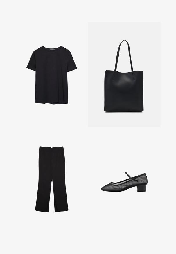 Jednoduché černé bavlněné tričko s krátkým rukávem a kulatým výstřihem, vystavené na bílém pozadí.; Černé kalhoty s rovným střihem, s předními kapsami a bočními rozparky na lemu. Vyrobené z jemné, hladké tkaniny. Vhodné na různé příležitosti.; Černé síťové pumpy s špičatou špičkou, malým blokovým podpatkem a páskem přes kotník. Vyznačují se hladkou texturou a minimalistickým designem.; Černá kožená taška přes rameno s hladkým povrchem, obdélníkovým tvarem a dvěma dlouhými uchy. Žádné viditelné kování ani ozdoby.