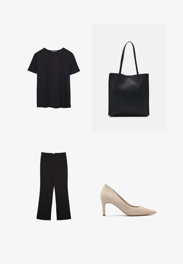Jednoduché čierne bavlnené tričko s krátkym rukávom a okrúhlym výstrihom, umiestnené na bielom pozadí.; Čierne nohavice so strihom rovného strihu, s prednými vreckami a bočnými rozparkami na leme. Vyrobené z mäkkej, hladkej tkaniny. Vhodné na rôzne príležitosti.; Bežové semišové lodičky na vysokom podpätku s špicatou špičkou a 7 cm podpätkom. Hladká textura, minimalistický dizajn a bezchybné silueta.; Čierna kožená taška na rameno s hladkým povrchom, obdĺžnikovým tvarom a dvoma dlhými uchami. Bez viditeľného kovania alebo ozdôb.