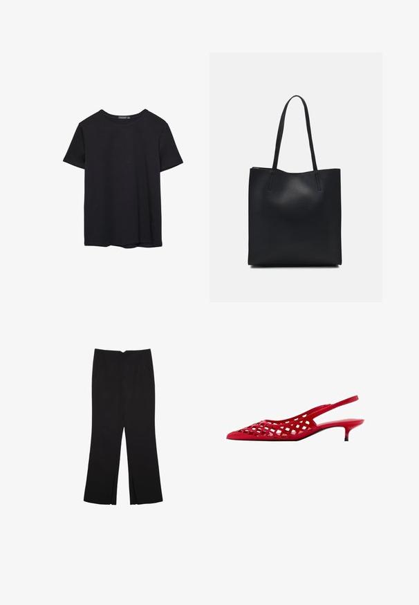 Prosta, krótko rękawowa czarna koszulka bawełniana z okrągłym dekoltem, prezentowana na białym tle.; Czarne spodnie o prostym kroju, z przednimi kieszeniami i bocznymi rozcięciami na dole. Wykonane z miękkiego, gładkiego materiału. Odpowiednie na różne okazje.; Czerwone sandały na obcasie typu kitten heel z górą w kształcie ażurowym, spiczastym noskiem i błyszczącym wykończeniem. Czarna podeszwa z niskim obcasem.; Czarna skórzana torba tote o gładkiej fakturze, prostokątnym kształcie i dwóch długich uchwytach. Brak widocznych elementów metalowych i ozdób.