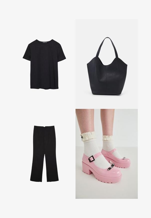 Plain short-sleeve black cotton T-shirt with crew neck, displayed on a white background.; Black trousers with a straight fit, featuring front pockets and side slits at the hem. Made of soft, smooth fabric. Suitable for various occasions.; Pink patent platform shoes with a rounded toe, adjustable buckle, and black cat eye accents, paired with white ribbed socks and ruffled edges.; Black tote bag made of smooth leather, featuring a curved, open top with two shoulder straps and a minimalist design.
