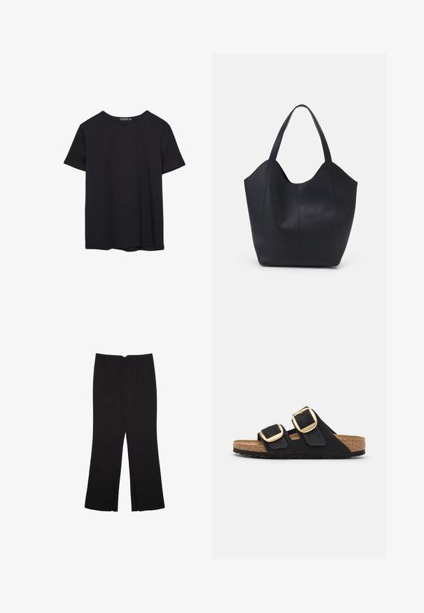 Prosta, krótko rękawowa czarna koszulka bawełniana z okrągłym dekoltem, prezentowana na białym tle.; Czarne spodnie o prostym kroju, z przednimi kieszeniami i bocznymi rozcięciami na dole. Wykonane z miękkiego, gładkiego materiału. Odpowiednie na różne okazje.; Czarne zamszowe klapki z dwiema szerokimi paskami, z których każdy ma dużą, złotą klamrę, oraz naturalną korkową wkładką i teksturowaną gumową podeszwą.; Czarna torba na ramię wykonana z gładkiej skóry, z zaokrąglonym, otwartym topem i dwoma paskami na ramię oraz minimalistycznym designem.