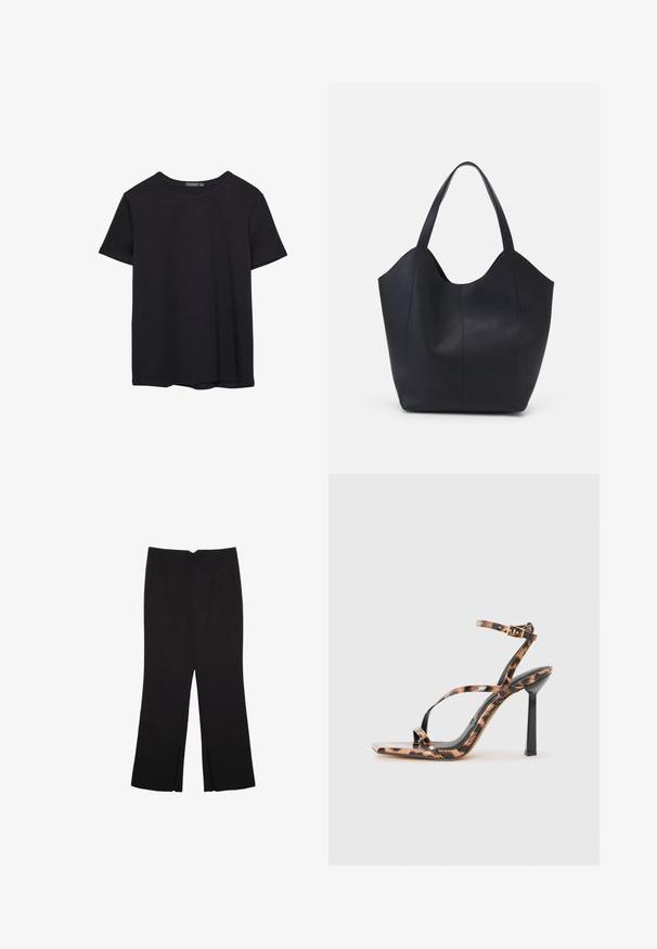 Pura crna pamučna majica kratkih rukava s okruglim izrezom, prikazana na bijeloj pozadini.; Crne hlače ravnog kroja, s prednjim džepovima i bočnim prorezima na rubu. Izrađene od mekog i glatkog materijala. Pogodne za razne prigode.; Sandale s visokim petama i trakama, sa četvrtastim vrhom, s uzorkom leoparda u nijansama smeđe i crne na sjajnoj površini.; Crna torba od glatke kože, s zakrivljenim otvorenim vrhom, dva remena za rame i minimalističkim dizajnom.