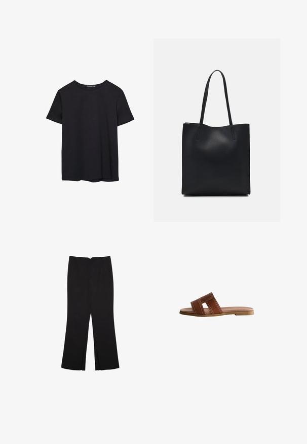 T-shirt nera in cotone a maniche corte con collo a giro, esposta su uno sfondo bianco.; Pantaloni neri a gamba dritta, con tasche frontali e spacchi laterali all'orlo. Realizzati in tessuto morbido e liscio. Adatti a diverse occasioni.; Sandalo scivoloso in pelle marrone con due ampie cinghie, dettagli in cucitura bianca, suola piatta in gomma e design liscio e snello.; Borsa tote in pelle nera con texture liscia, forma rettangolare e due manici lunghi. Nessun hardware o decorazione visibile.