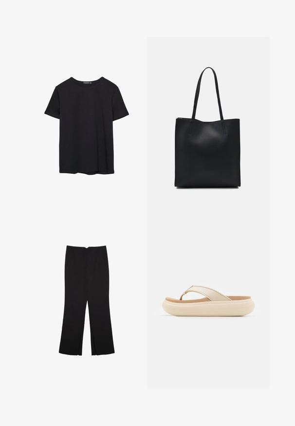 Enostavna črna bombažna majica s kratkimi rokavi in okroglim izrezom, prikazana na belem ozadju.; Črne hlače ravnega kroja z naglavnimi žepi in stranskimi razporki na robu. Narejene iz mehke, gladke tkanine. Primerne za različne priložnosti.; Bež japonke s širokim prstnim trakcem in debelim, zaobljenim podplatom. Imajo gladek zgornji material in kontrastno rjavo podnožje.; Črna usnjena torba s svilnato teksturo, pravokotne oblike in dvema dolgima ročajema. Brez vidnih metalnih delov ali okrasnih elementov.