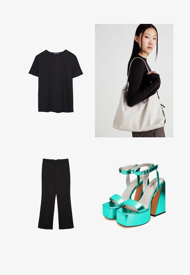 Yksinkertainen lyhythihainen musta puuvillapaidan t-paita, jossa on pyöreä kaula-aukko, esitetty valkoisella taustalla.; Mustat housut suoralinjaisella leikkauksella, joissa on etutaskut ja sivurei'ät helman alla. Valmistettu pehmeästä ja sileästä kankaasta. Sopii eri tilaisuuksiin.; Turkoosi metallin värinen platform-sandaali, jossa on tukeva korko. Siinä on leveä etuvarvasremmi ja nilkkaremmi, jossa on koristeellinen solki. Sileä pintakuvio.; Beige laukku, joka on valmistettu pehmeästä materiaalista, ja siinä on rento muotoilu, ommeltu yksityiskohtia ja kaksi olkahihnaa. Sopii päivittäiseen käyttöön.