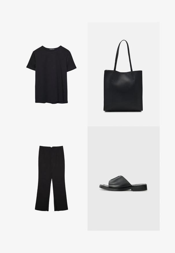 Effen kortemouwen zwarte katoenen T-shirt met ronde hals, weergegeven op een witte achtergrond.; Zwarte broek met een rechte pasvorm, voorzien van zijzakken en plooien aan de onderzijde. Gemaakt van zachte, gladde stof. Geschikt voor verschillende gelegenheden.; Zwarte leren slide sandalen met een gladde textuur, open teen, breed bandontwerp en een platte rubberen zool.; Zwarte leren handtas met een gladde textuur, rechthoekige vorm en twee lange handvaten. Geen zichtbare hardware of versieringen.