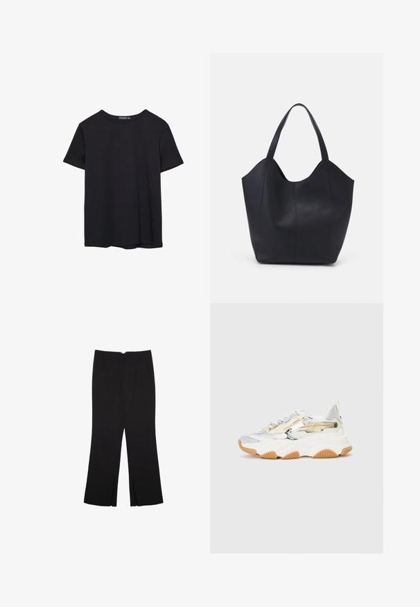 T-shirt en coton noir à manches courtes, col rond, présenté sur un fond blanc.; Pantalon noir avec une coupe droite, doté de poches avant et d'éclairs sur l'ourlet. Fabriqué en tissu doux et lisse. Convient à diverses occasions.; Baskets chunky en mesh argent et blanc, dotées d'une semelle en caoutchouc texturé, de zips décoratifs et d'une semelle extérieure en caoutchouc naturel.; Sac fourre-tout noir en cuir lisse, doté d'un haut ouvert et courbé avec deux brides d'épaule et un design minimaliste.