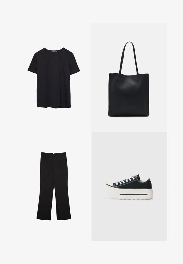 Pura crna pamučna majica kratkih rukava s okruglim izrezom, prikazana na bijeloj pozadini.; Crne hlače ravnog kroja, s prednjim džepovima i bočnim prorezima na rubu. Izrađene od mekog i glatkog materijala. Pogodne za razne prigode.; Crne platnene tenisice s bijelim gumeni potplatom, s debelom platformom, bijelim vezicama i kontrastnim šavovima uz šavove.; Crna kožna torba za nošenje s glatkom teksturom, pravokutnim oblikom i dvije duge ručke. Nema vidljivih metalnih dijelova ili ukrasa.