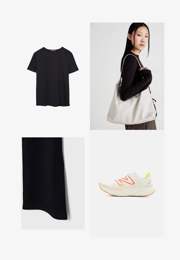 Yksinkertainen lyhythihainen musta puuvillapaidan t-paita, jossa on pyöreä kaula-aukko, esitetty valkoisella taustalla.; Mustat urheiluhousut, joissa on sileä pinta, kaareva helma, sivutasku ja kontrastivärinen ommel, suunniteltu mukavuutta ja liikkuvuutta silmällä pitäen.; New Balance FRESH FOAM X MORE V4 - Katujuoksukengät - sea salt; Beige laukku, joka on valmistettu pehmeästä materiaalista, ja siinä on rento muotoilu, ommeltu yksityiskohtia ja kaksi olkahihnaa. Sopii päivittäiseen käyttöön.