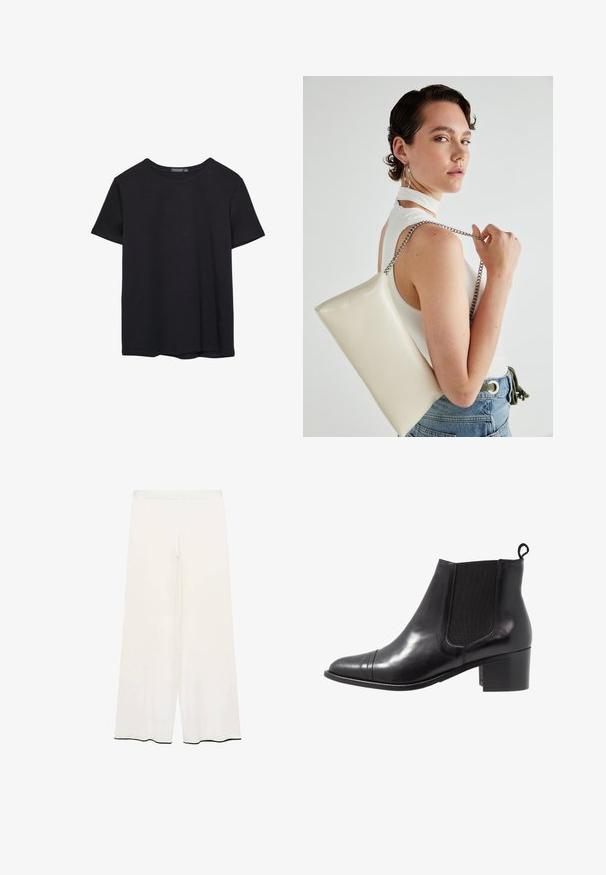 Pura crna pamučna majica kratkih rukava s okruglim izrezom, prikazana na bijeloj pozadini.; Hlače širokih nogavica od kremasto bež tkanine s glatkom teksturom. Imaju čist pojas i crni rub duž donjeg dijela za kontrast.; Crne kožne gležnjače s elastičnim bočnim panelima, okruglim vrhom i teksturiranim blokom pete. Imaju petlju za povlačenje straga za jednostavno obuvanje.; Bijela pravokutna torbica s kopčanjem, izrađena od sjajnog materijala, s srebrnim lančićem. Model pozira, prikazujući torbicu na jednostavnoj pozadini.
