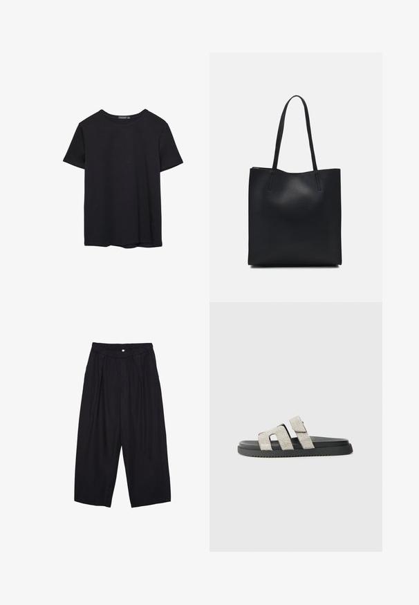 Jednoduché čierne bavlnené tričko s krátkym rukávom a okrúhlym výstrihom, umiestnené na bielom pozadí.; Čierne polyesterové culotte nohavice s elastickým pásom, dvoma prednými záhybmi a voľným strihom. Žiadne viditeľné vzory ani detaily z kovu.; Čierne šlapky so špicatou podrážkou a dvoma vertikálnymi pásmi ozdobenými striebornými kamienkami, plochý dizajn, gumená textúra a jemný dezén.; Čierna kožená taška na rameno s hladkým povrchom, obdĺžnikovým tvarom a dvoma dlhými uchami. Bez viditeľného kovania alebo ozdôb.