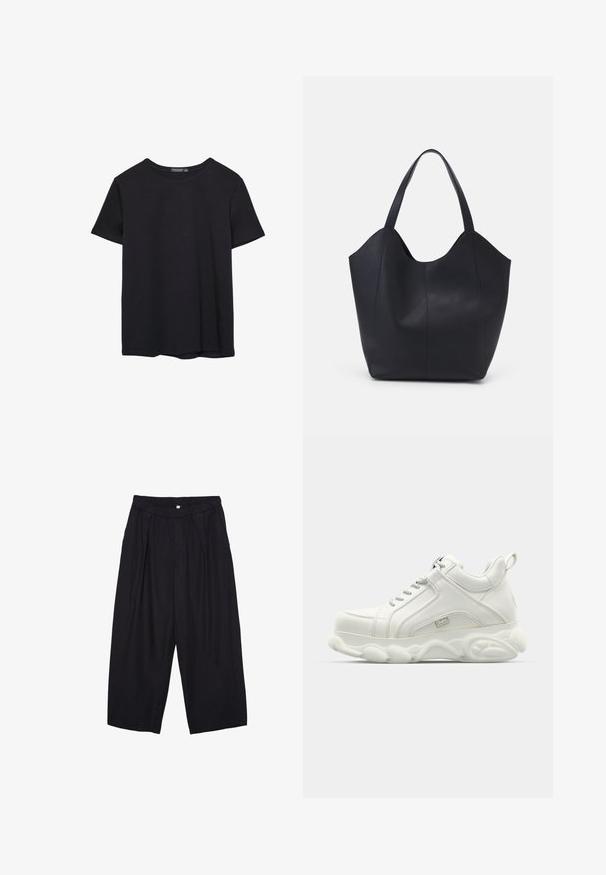 T-shirt nera in cotone a maniche corte con collo a giro, esposta su uno sfondo bianco.; Pantaloni culotte neri in poliestere con una cintura elastica, due pieghe frontali e una silhouette ampia. Nessun motivo visibile o dettagli in metallo.; Sneakers atletici bianchi con tomaia in pelle liscia, suola arrotondata e dettagli testurizzati. Presentano lacci e un sottopiede nella parte posteriore.; Borsa tote nera realizzata in pelle liscia, con una parte superiore curva e aperta, dotata di due manici per spalla e un design minimalista.