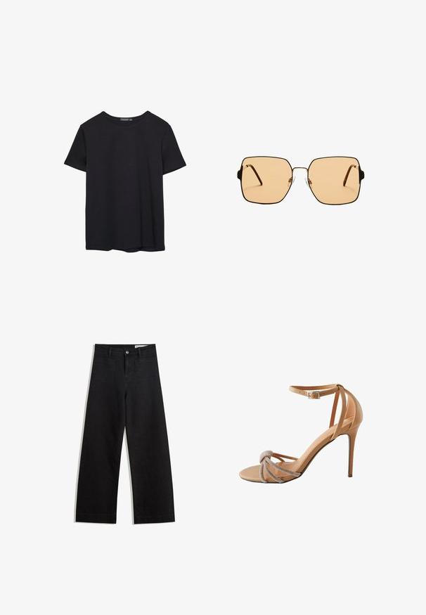 Pura crna pamučna majica kratkih rukava s okruglim izrezom, prikazana na bijeloj pozadini.; Crne široke traperice s visokim strukom, s prednjim i stražnjim džepovima, šivenim šavovima i kopčanjem na gumb. Glatka tekstura.; Cipele s potpeticom u boji kože, s čvorastim prednjim dijelom ukrašenim rhinestones detaljima i tankim remenom oko gležnja s kvadratnom kopčom.; Kvadratne sunčane naočale s smešnim staklima i tankim okvirom od crnog metala. Imaju uglaste tempore i podešive noseče jastučiće za udobnost.; Crna kožna torba za nošenje s glatkom teksturom, pravokutnim oblikom i dvije duge ručke. Nema vidljivih metalnih dijelova ili ukrasa.