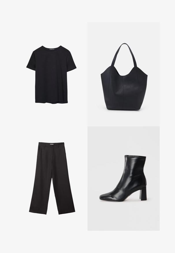 Simpel sort kortærmet bomulds T-shirt med rund hals, præsenteret på en hvid baggrund.; Sorte bukser med vidde, lavet af glat stof, med en frontlynlås og to sidelommer, i en skræddersyet pasform og minimalistisk design.; Sorte læder ankelstøvler med spids tå og struktureret blokhæl. Glat tekstur med et strømlinet, minimalistisk design.; Sort tote taske lavet af glat læder, med en buet, åben top, to skulderstropper og et minimalistisk design.