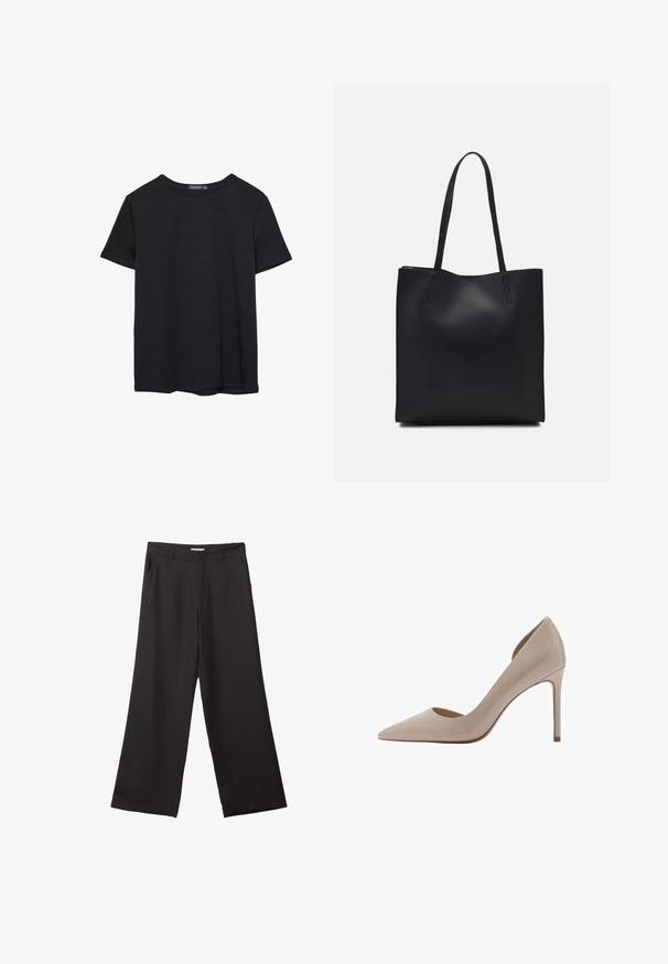 T-shirt nera in cotone a maniche corte con collo a giro, esposta su uno sfondo bianco.; Pantaloni neri a gamba larga realizzati in tessuto liscio, con zip frontale e due tasche laterali, dal taglio sartoriale e design minimalista.; Mango ASYMMETRISCHE MET EFFECT - Decolleté - grey; Borsa tote in pelle nera con texture liscia, forma rettangolare e due manici lunghi. Nessun hardware o decorazione visibile.