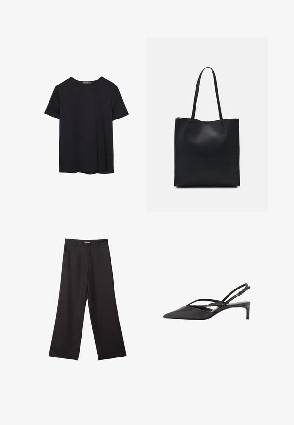 Jednoduché černé bavlněné tričko s krátkým rukávem a kulatým výstřihem, vystavené na bílém pozadí.; Černé široké kalhoty vyrobené z hladké tkaniny, s předním zipem a dvěma bočními kapsami, s dobře padnoucím střihem a minimalistickým designem.; Černé kožené lodičky na podpatku s úzkými řemínky kolem kotníku, špičatou špičkou a nízkým jehlovým podpatkem. Hladká textura s minimalistickým designem.; Černá kožená taška přes rameno s hladkým povrchem, obdélníkovým tvarem a dvěma dlouhými uchy. Žádné viditelné kování ani ozdoby.