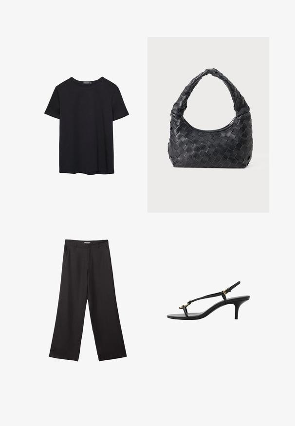 Jednoduché černé bavlněné tričko s krátkým rukávem a kulatým výstřihem, vystavené na bílém pozadí.; Černé široké kalhoty vyrobené z hladké tkaniny, s předním zipem a dvěma bočními kapsami, s dobře padnoucím střihem a minimalistickým designem.; Černé kožené sandály na kotníkovém podpatku s tenkými pásky, zlatou sponou a minimalistickým provlečením na prstech na bílém pozadí.; Černá kožená tkaná taška přes rameno s zaoblenou rukojetí a měsíčkovým tvarem na jednobarevném pozadí.