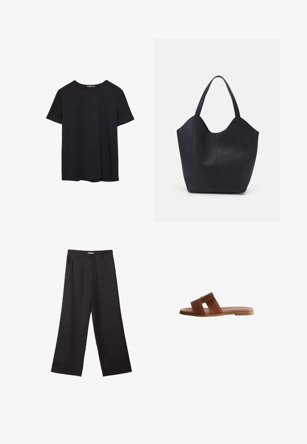 Einfaches schwarzes T-Shirt aus Baumwolle mit kurzen Ärmeln und Rundhalsausschnitt, auf einem weißen Hintergrund dargestellt.; Schwarze weite Hosen aus glattem Stoff, mit einem Reißverschluss vorne und zwei seitlichen Taschen, maßgeschneiderter Passform und minimalistischem Design.; Braune Leder-Schlappen mit zwei breiten Riemen, weißen Stitching-Akzenten, flacher Gummisohle und glattem, stromlinienförmigem Design.; Schwarze Tote-Bag aus glattem Leder, mit einem abgerundeten, offenen Oberteil, zwei Schulterträgern und einem minimalistischen Design.